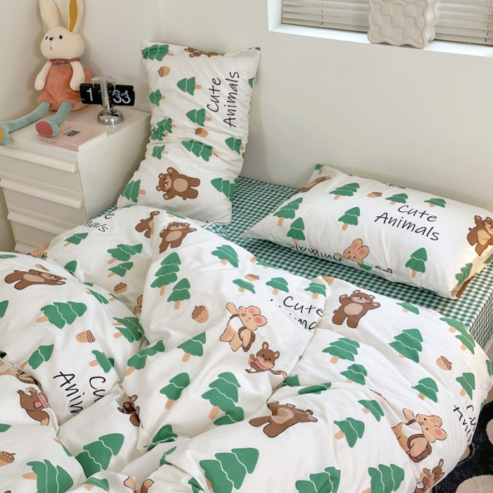 91家纺网 家纺一手货源 找家纺 宜家坊 2024新款12868全棉小清新四件套 绿树熊