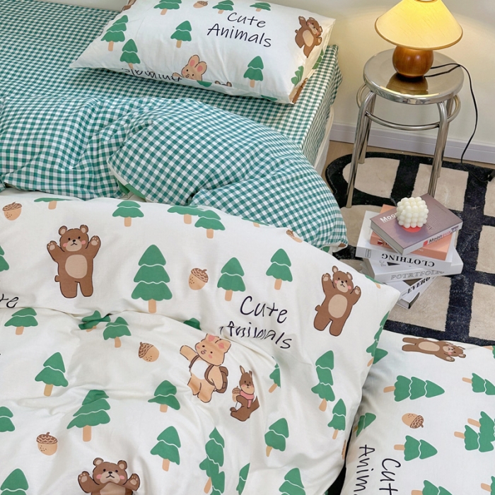 91家纺网 家纺一手货源 找家纺 宜家坊 2024新款12868全棉小清新四件套 绿树熊