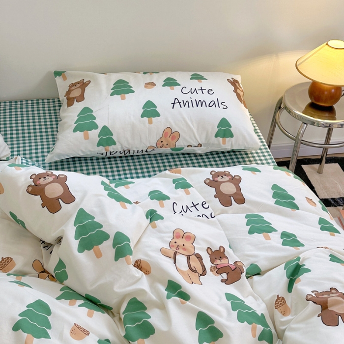 91家纺网 家纺一手货源 找家纺 宜家坊 2024新款12868全棉小清新四件套 绿树熊