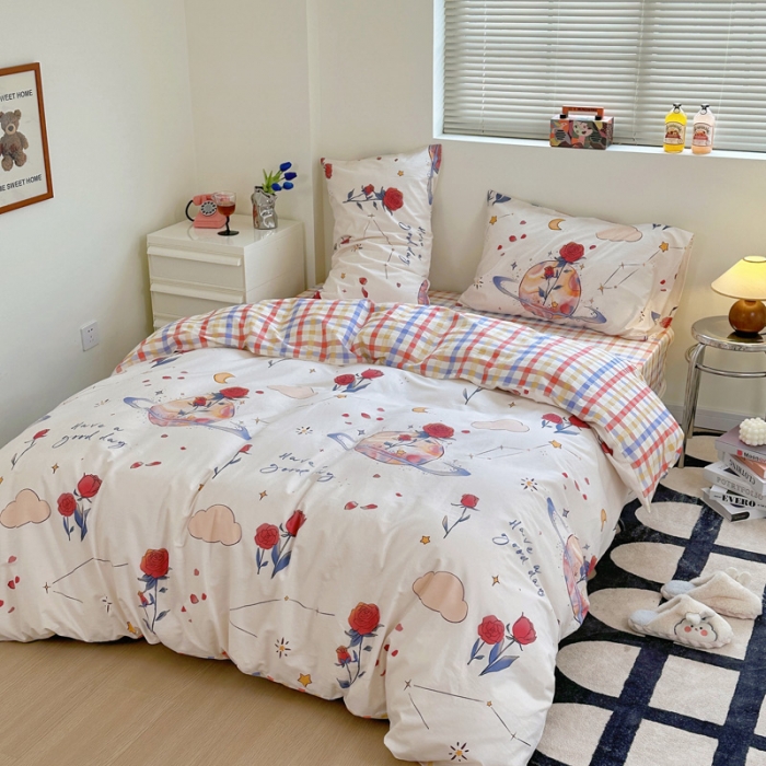 91家纺网 家纺一手货源 找家纺 宜家坊 2024新款12868全棉小清新四件套 玫瑰星球