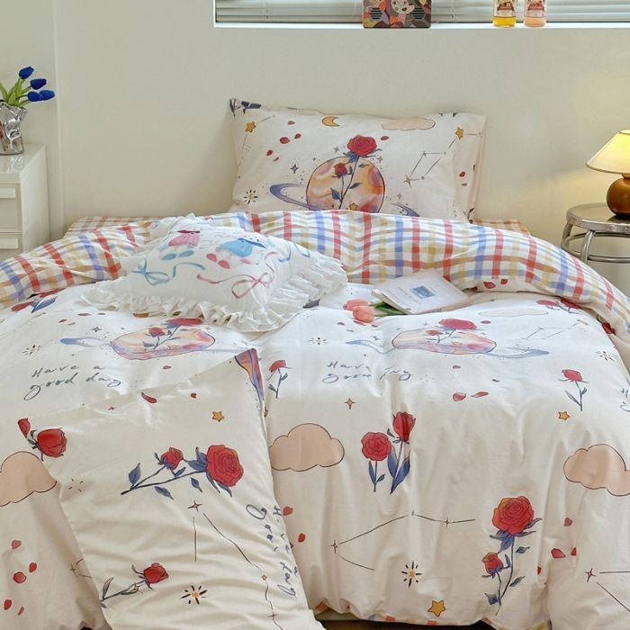 91家纺网 家纺一手货源 找家纺 宜家坊 2024新款12868全棉小清新四件套 玫瑰星球