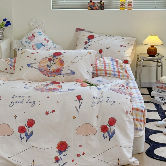 91家纺网 家纺一手货源 找家纺 宜家坊 2024新款12868全棉小清新四件套 玫瑰星球