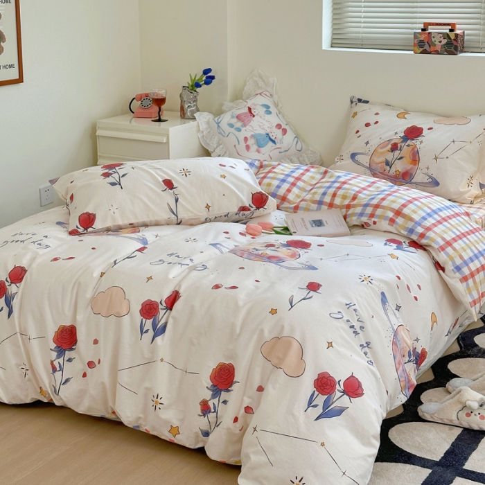 91家纺网 家纺一手货源 找家纺 宜家坊 2024新款12868全棉小清新四件套 玫瑰星球