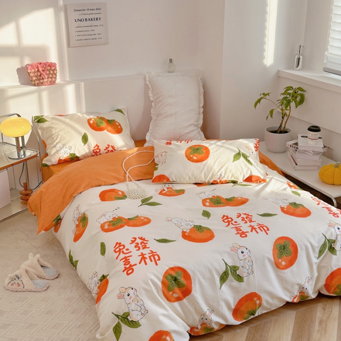 91家纺网 家纺一手货源 找家纺 宜家坊 2024新款12868全棉小清新四件套 兔发喜柿