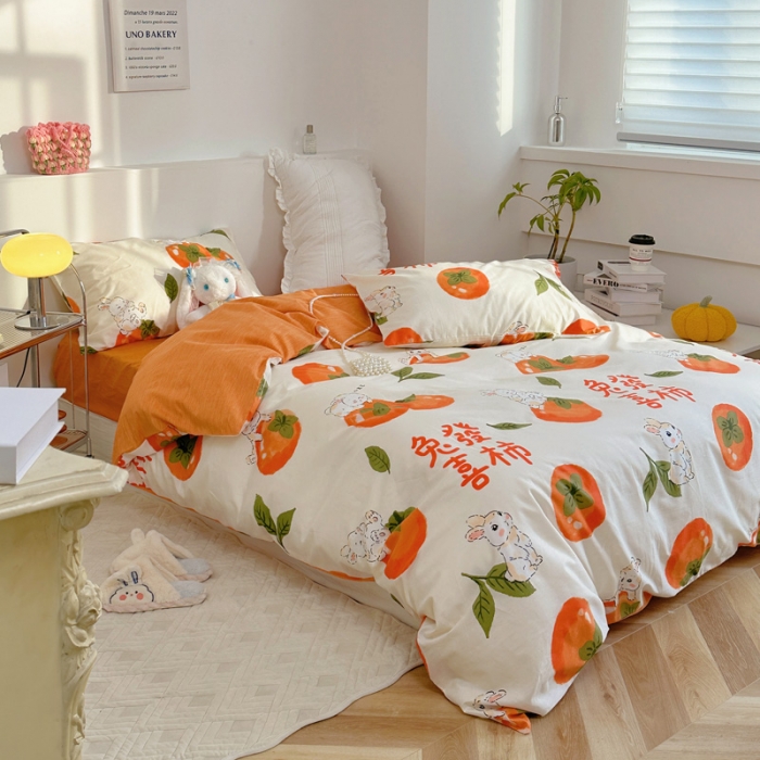 91家纺网 家纺一手货源 找家纺 宜家坊 2024新款12868全棉小清新四件套 兔发喜柿