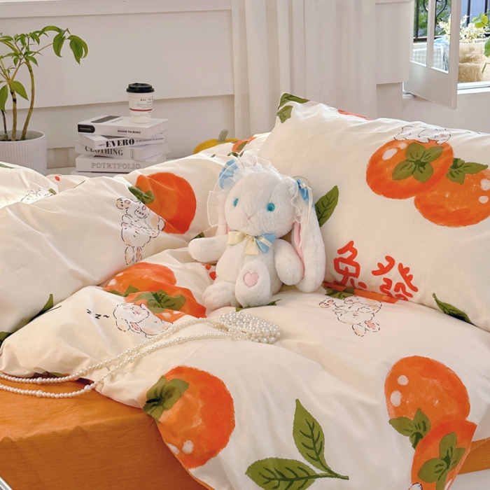 91家纺网 家纺一手货源 找家纺 宜家坊 2024新款12868全棉小清新四件套 兔发喜柿