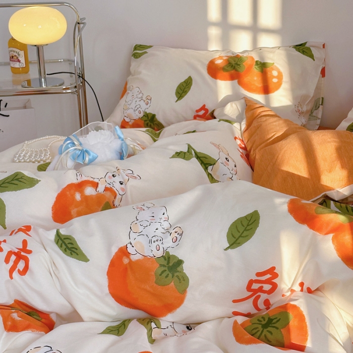 91家纺网 家纺一手货源 找家纺 宜家坊 2024新款12868全棉小清新四件套 兔发喜柿