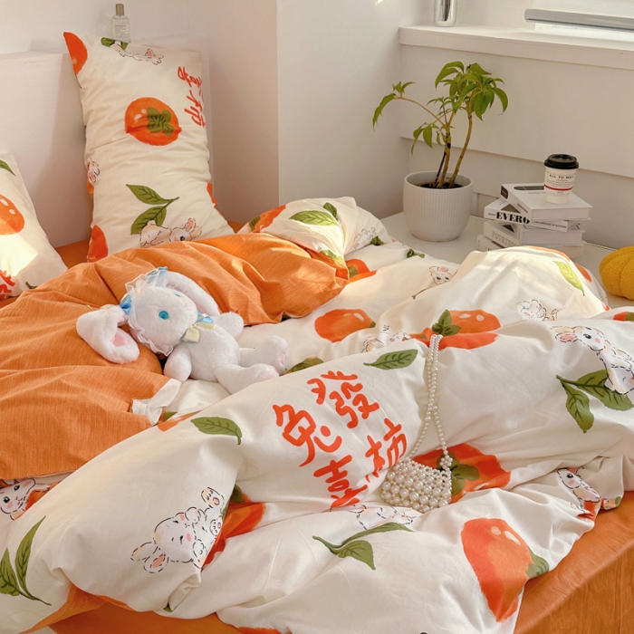 91家纺网 家纺一手货源 找家纺 宜家坊 2024新款12868全棉小清新四件套 兔发喜柿