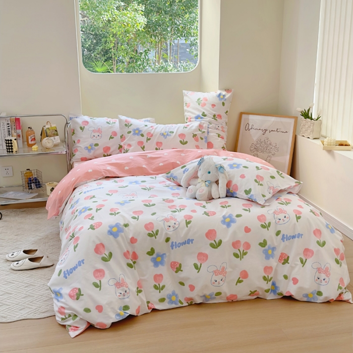 91家纺网 家纺一手货源 找家纺 宜家坊 2024新款12868全棉小清新四件套 兔花园