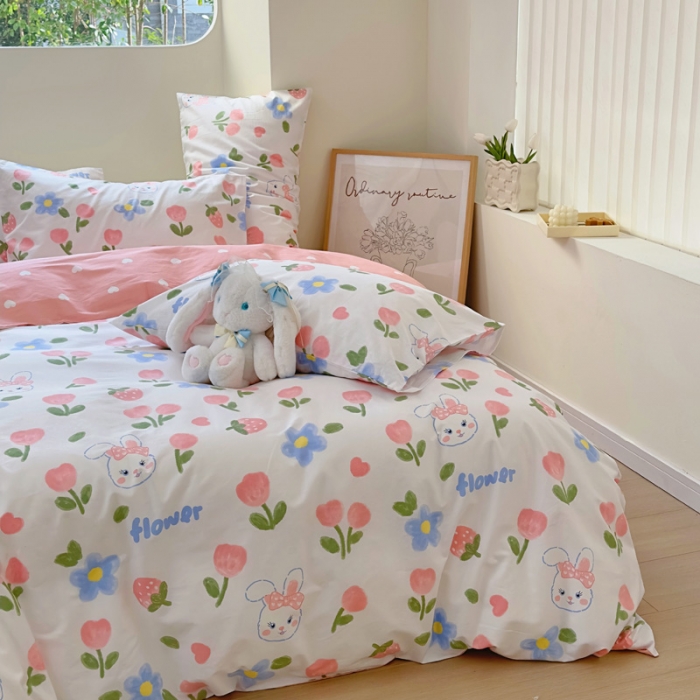 91家纺网 家纺一手货源 找家纺 宜家坊 2024新款12868全棉小清新四件套 兔花园