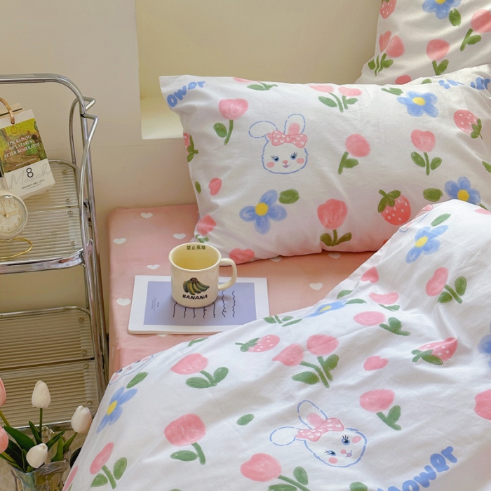 91家纺网 家纺一手货源 找家纺 宜家坊 2024新款12868全棉小清新四件套 兔花园