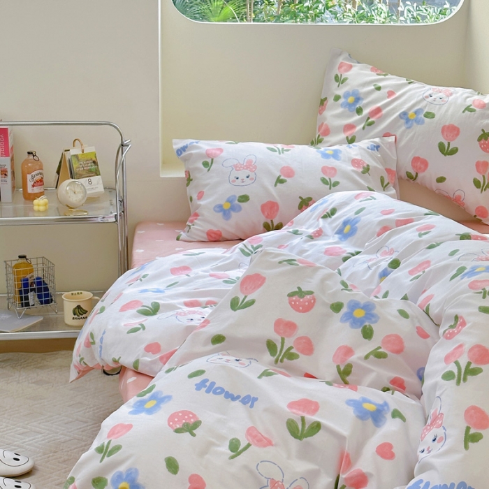 91家纺网 家纺一手货源 找家纺 宜家坊 2024新款12868全棉小清新四件套 兔花园