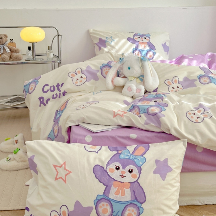 91家纺网 家纺一手货源 找家纺 宜家坊 2024新款12868全棉小清新四件套 兔兔寻星