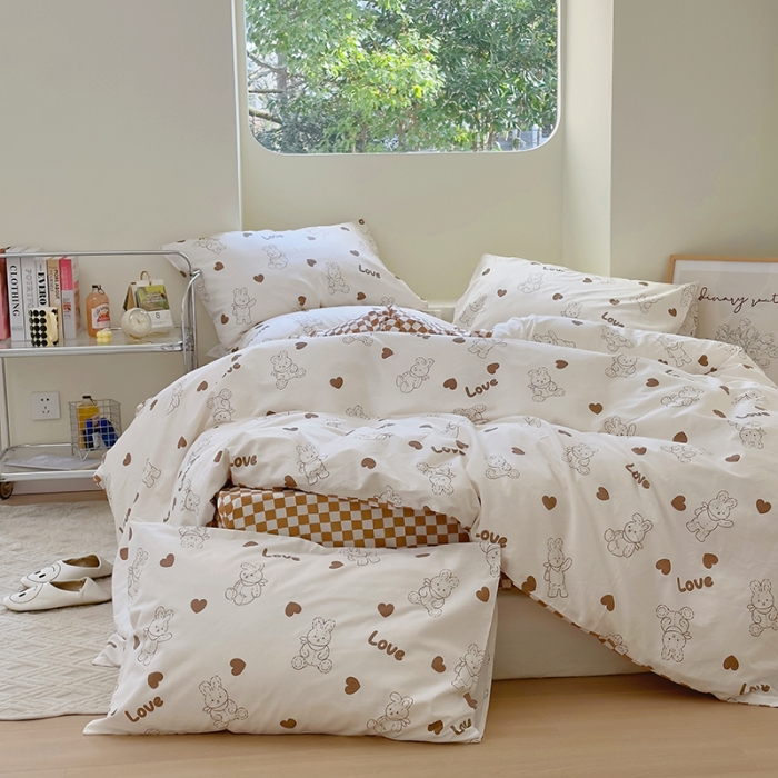 91家纺网 家纺一手货源 找家纺 宜家坊 2024新款12868全棉小清新四件套 玩偶兔