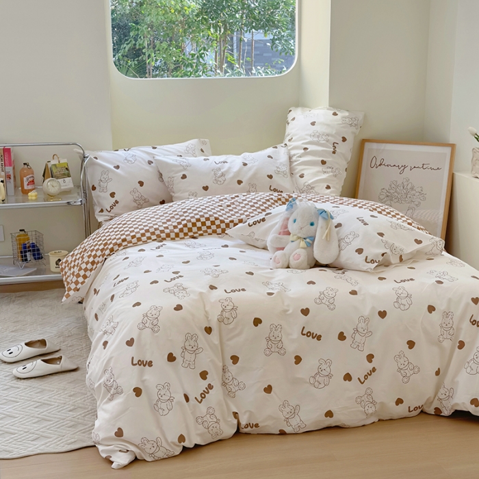 91家纺网 家纺一手货源 找家纺 宜家坊 2024新款12868全棉小清新四件套 玩偶兔