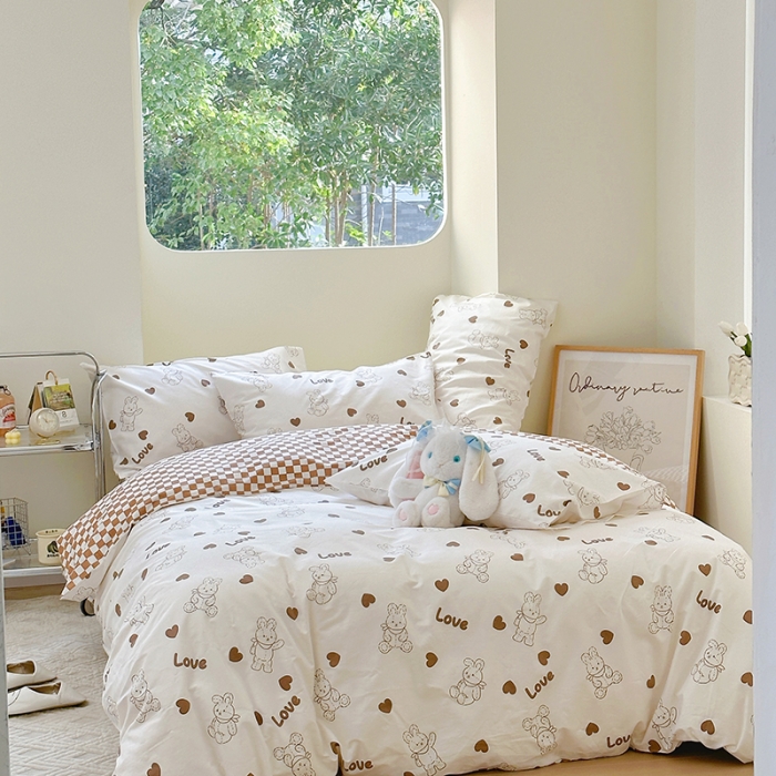 91家纺网 家纺一手货源 找家纺 宜家坊 2024新款12868全棉小清新四件套 玩偶兔