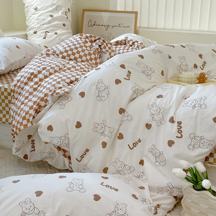 91家纺网 家纺一手货源 找家纺 宜家坊 2024新款12868全棉小清新四件套 玩偶兔