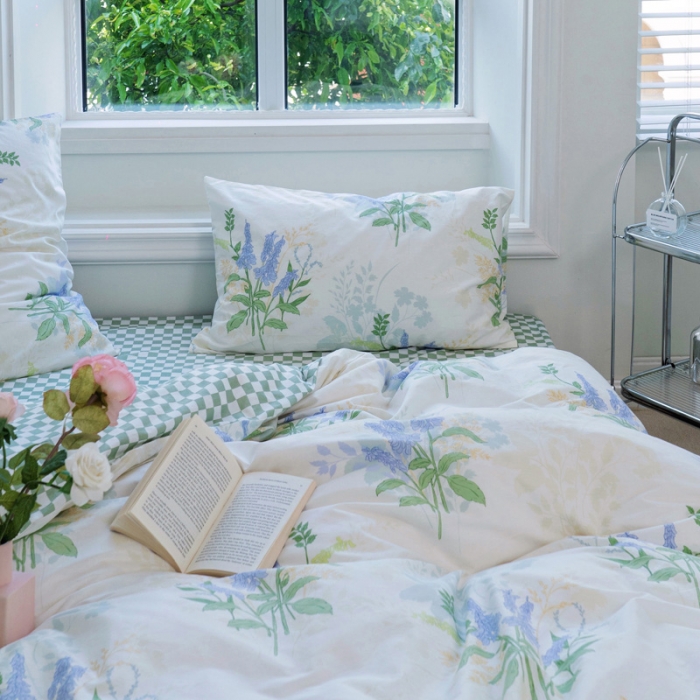 91家纺网 家纺一手货源 找家纺 宜家坊 2024新款12868全棉小清新四件套 薰衣草