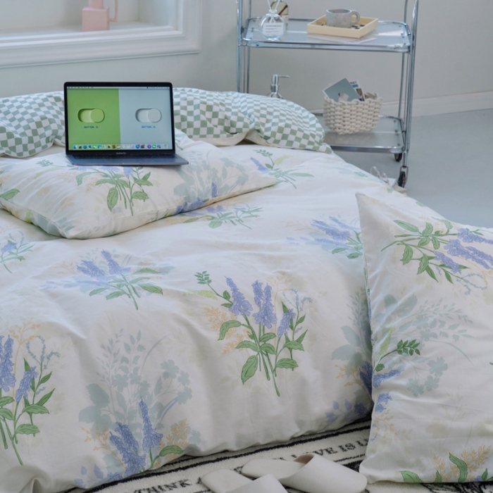 91家纺网 家纺一手货源 找家纺 宜家坊 2024新款12868全棉小清新四件套 薰衣草