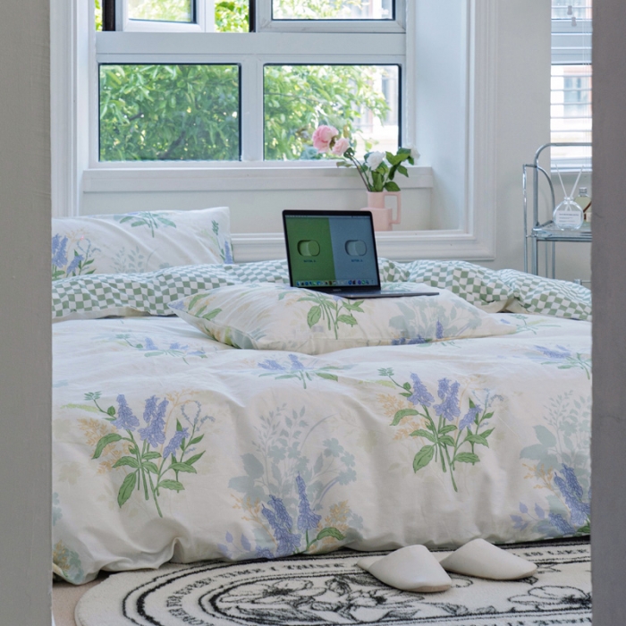 91家纺网 家纺一手货源 找家纺 宜家坊 2024新款12868全棉小清新四件套 薰衣草