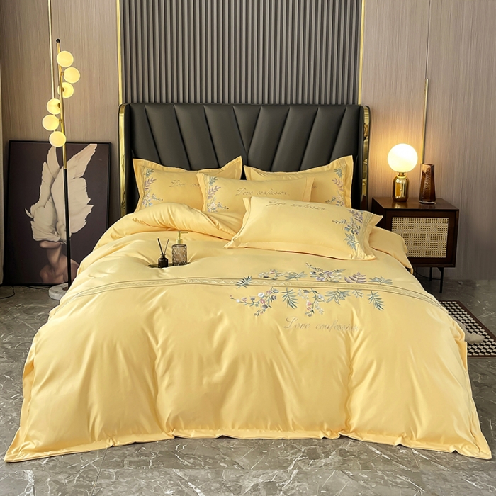 91家纺网 家纺一手货源 找家纺 2023新款A类天丝棉轻奢刺绣四件套-华尔兹 华尔兹-柠檬黄