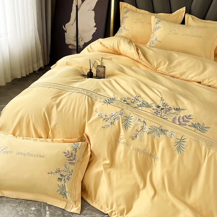 91家纺网 家纺一手货源 找家纺 2023新款A类天丝棉轻奢刺绣四件套-华尔兹 华尔兹-柠檬黄