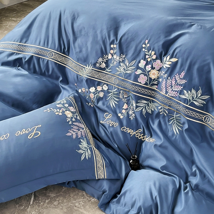 91家纺网 家纺一手货源 找家纺 2023新款A类天丝棉轻奢刺绣四件套-华尔兹 华尔兹-钻石蓝