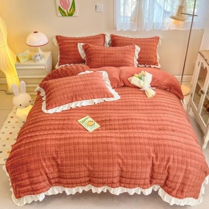 91家纺网 家纺一手货源 找家纺 沐辰家居 2023新款兔兔牛奶绒花边款四件套 花边兔兔绒-火焰橙