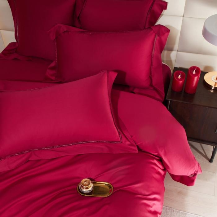 91家纺网 家纺一手货源 找家纺 100支100S全棉太妃缎纯色拼色四件套可选多件套可定制 波尔多红