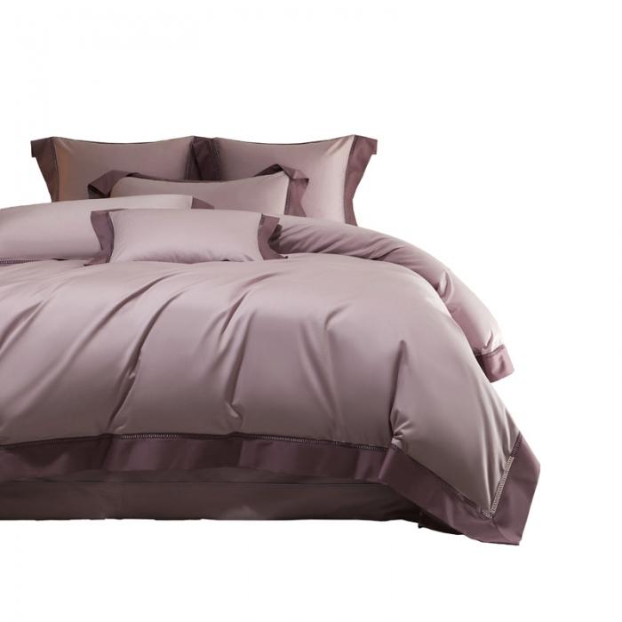 91家纺网 家纺一手货源 找家纺 100支100S全棉太妃缎纯色拼色四件套可选多件套可定制 黛紫