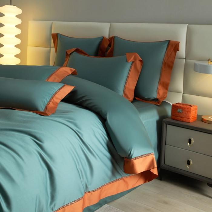 91家纺网 家纺一手货源 找家纺 100支100S全棉太妃缎纯色拼色四件套可选多件套可定制 铜青