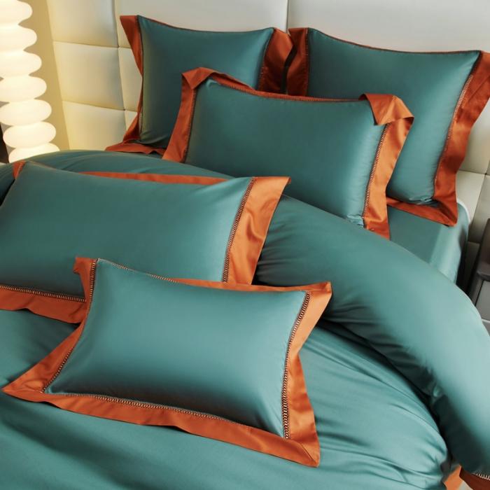 91家纺网 家纺一手货源 找家纺 100支100S全棉太妃缎纯色拼色四件套可选多件套可定制 铜青