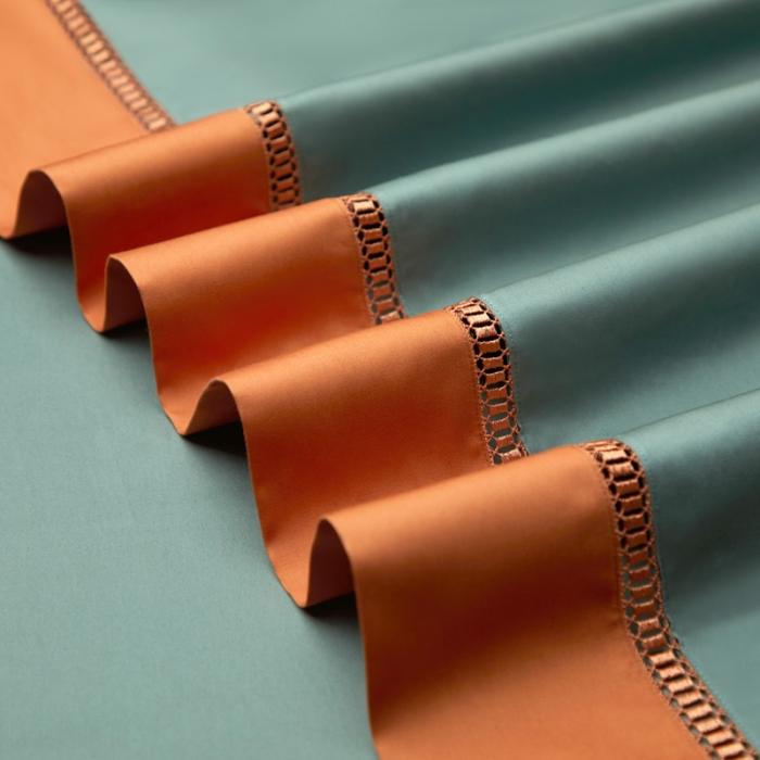 91家纺网 家纺一手货源 找家纺 100支100S全棉太妃缎纯色拼色四件套可选多件套可定制 铜青