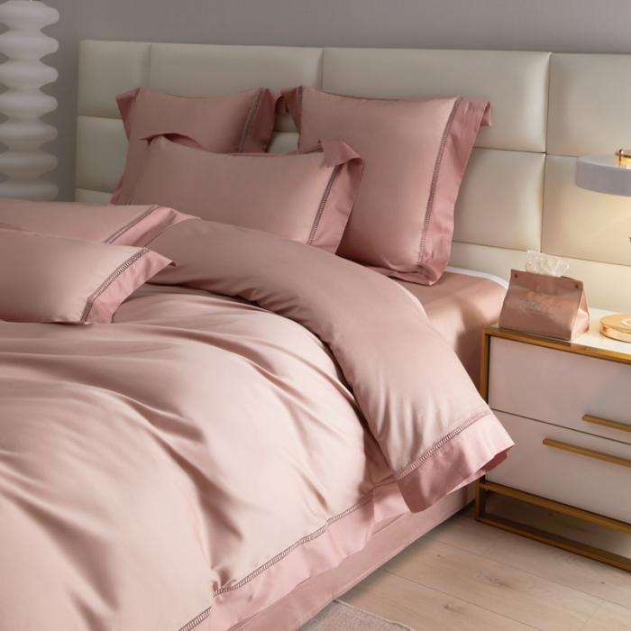 91家纺网 家纺一手货源 找家纺 100支100S全棉太妃缎纯色拼色四件套可选多件套可定制 夕岚粉