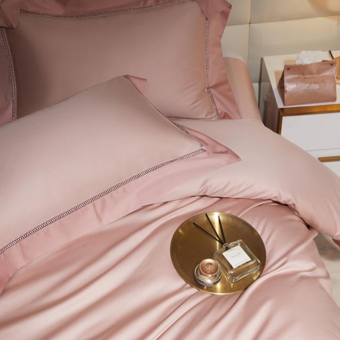 91家纺网 家纺一手货源 找家纺 100支100S全棉太妃缎纯色拼色四件套可选多件套可定制 夕岚粉