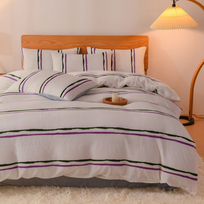 91家纺网 家纺一手货源 找家纺 2023新款无印风印花双面牛奶绒四件套 彩色条纹