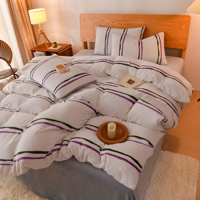 91家纺网 家纺一手货源 找家纺 2023新款无印风印花双面牛奶绒四件套 彩色条纹