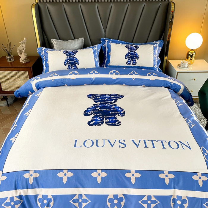 91家纺网 家纺一手货源 找家纺 宜家坊 2023新款高克重高奢云丝绒系列四件套 泰迪熊-蓝