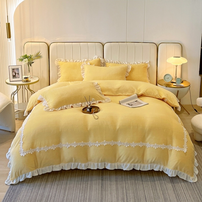 91家纺网 家纺一手货源 找家纺 2023新款韩版水溶花边牛奶绒四件套--安娜系列 安娜-布丁黄