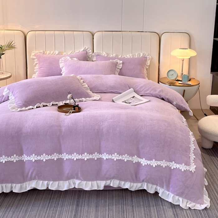 91家纺网 家纺一手货源 找家纺 2023新款韩版水溶花边牛奶绒四件套--安娜系列 安娜-香芋紫