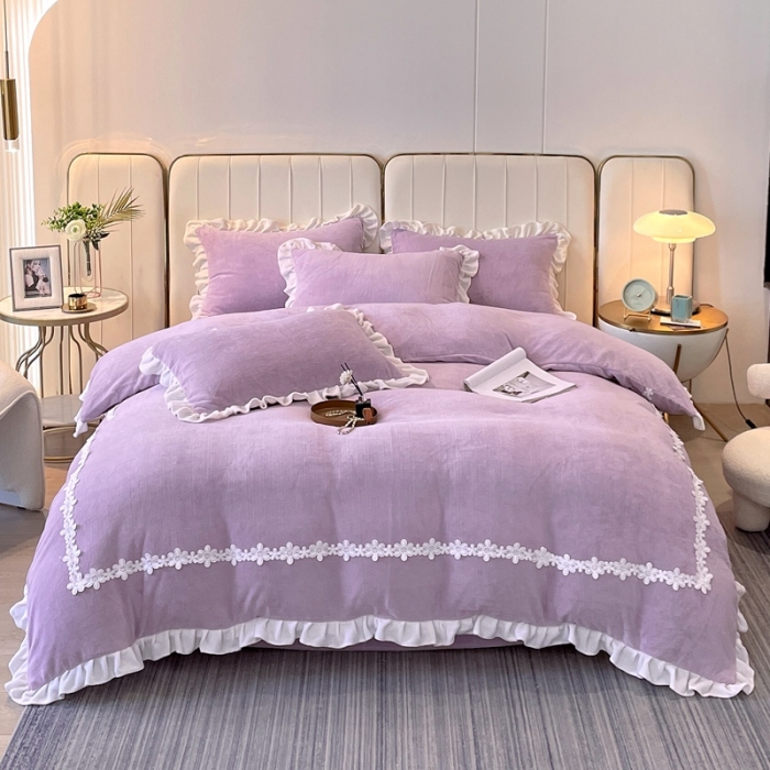 91家纺网 家纺一手货源 找家纺 2023新款韩版水溶花边牛奶绒四件套--安娜系列 安娜-香芋紫