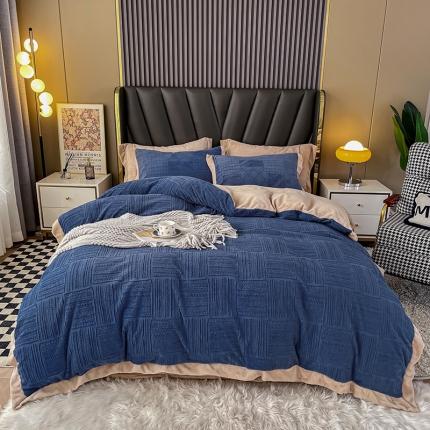 91家纺网 家纺一手货源 找家纺 宜家坊 2023秋冬新款A类素色牛奶绒拼边雕花四件套 典雅-海洋蓝