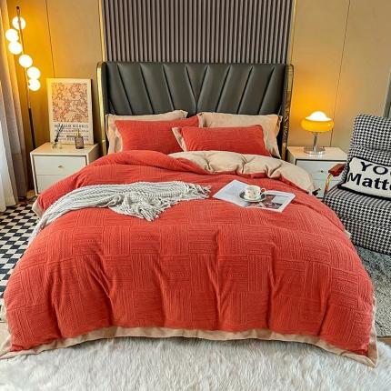 91家纺网 家纺一手货源 找家纺 宜家坊 2023秋冬新款A类素色牛奶绒拼边雕花四件套 典雅-奶油橙