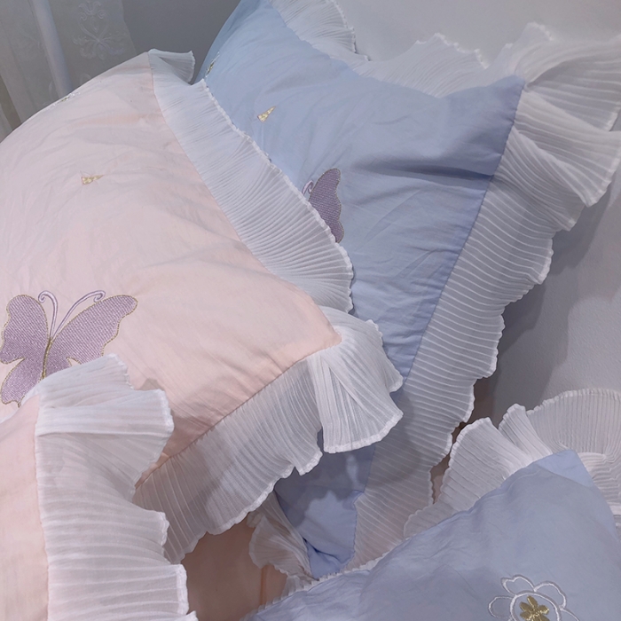 91家纺网 家纺一手货源 找家纺 2023新款A类母婴级全棉水洗棉绣花四件套--蝴蝶夫人系列实拍图 蝴蝶夫人-粉