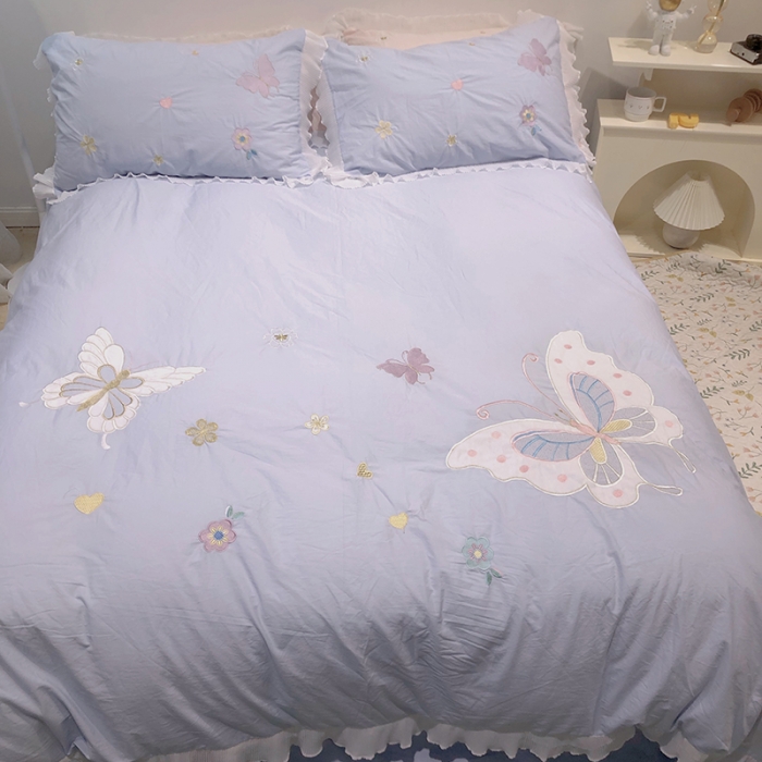 91家纺网 家纺一手货源 找家纺 2023新款A类母婴级全棉水洗棉绣花四件套--蝴蝶夫人系列实拍图 蝴蝶夫人-兰