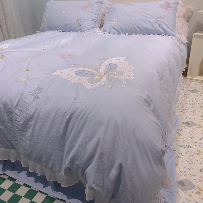 91家纺网 家纺一手货源 找家纺 2023新款A类母婴级全棉水洗棉绣花四件套--蝴蝶夫人系列实拍图 蝴蝶夫人-兰