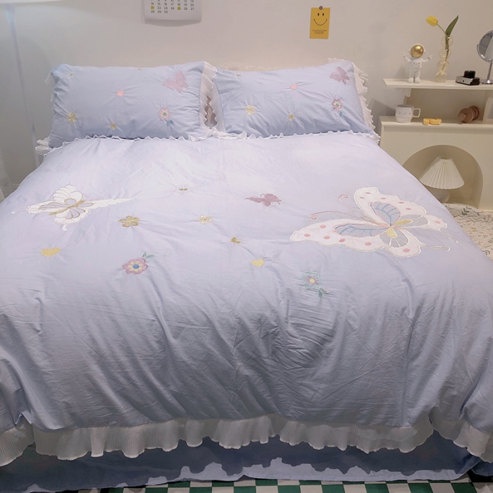 91家纺网 家纺一手货源 找家纺 2023新款A类母婴级全棉水洗棉绣花四件套--蝴蝶夫人系列实拍图 蝴蝶夫人-兰