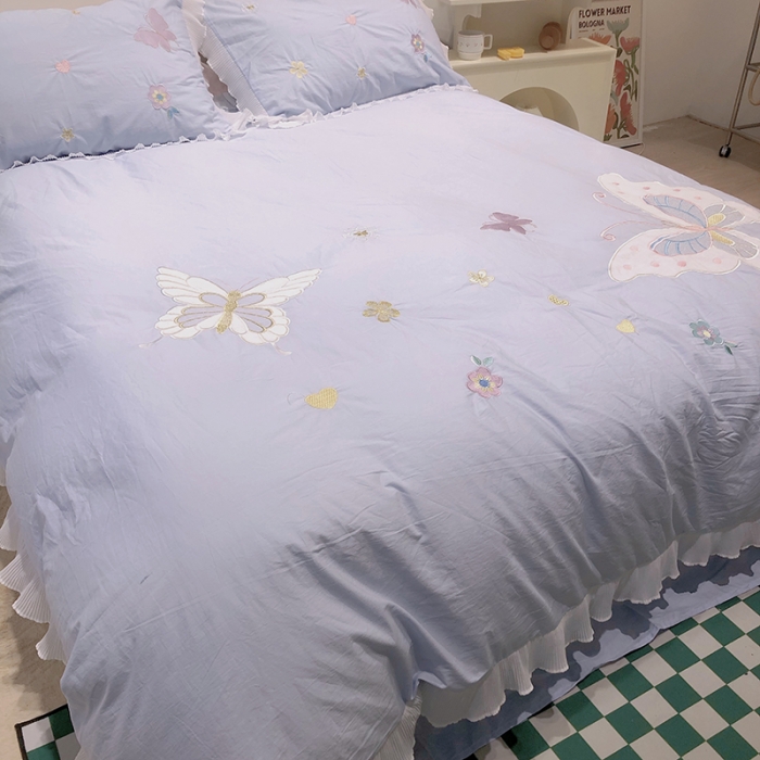 91家纺网 家纺一手货源 找家纺 2023新款A类母婴级全棉水洗棉绣花四件套--蝴蝶夫人系列实拍图 蝴蝶夫人-兰