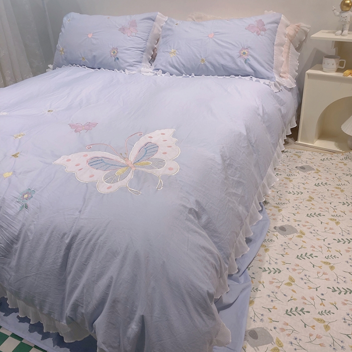 91家纺网 家纺一手货源 找家纺 2023新款A类母婴级全棉水洗棉绣花四件套--蝴蝶夫人系列实拍图 蝴蝶夫人-兰