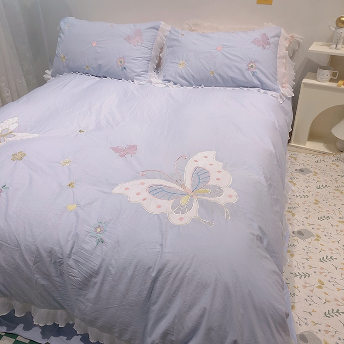 91家纺网 家纺一手货源 找家纺 2023新款A类母婴级全棉水洗棉绣花四件套--蝴蝶夫人系列实拍图 蝴蝶夫人-兰